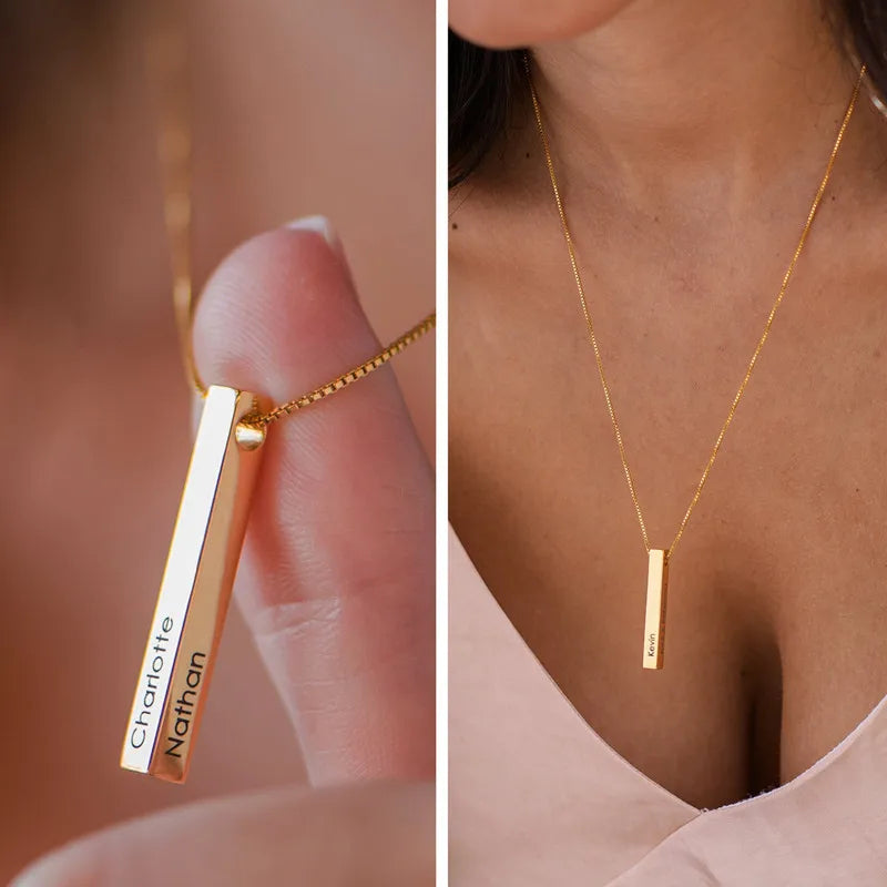 Personalized 4 Sided Bar Necklace with Name Engraving Stainless Steel