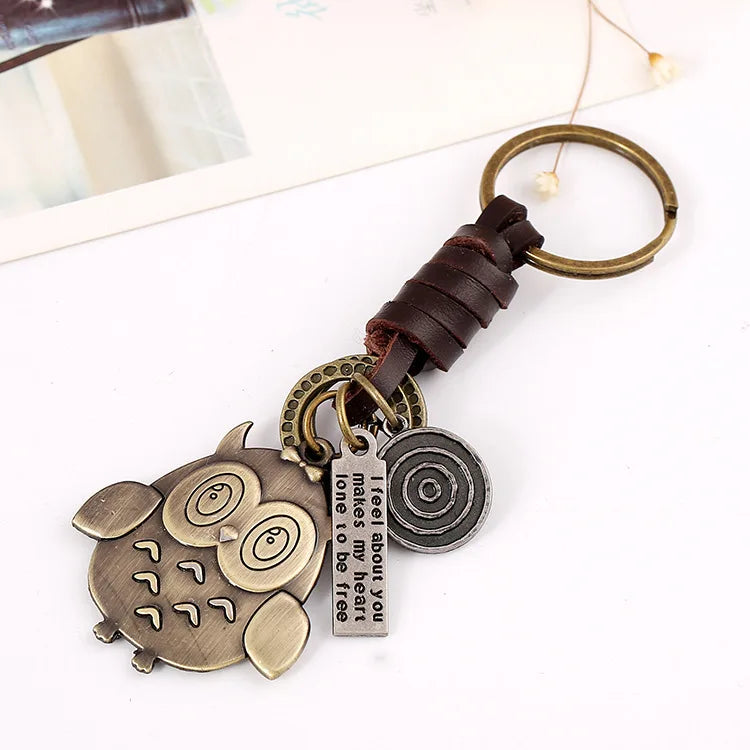 Mini Retro Punk Cowhide Keychain Owl Pendant Gift