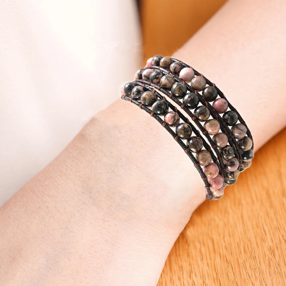 3-Layer Rhodochrosite Amazonite Wrap Bracelet Unisex for Girls Vintage Gift
