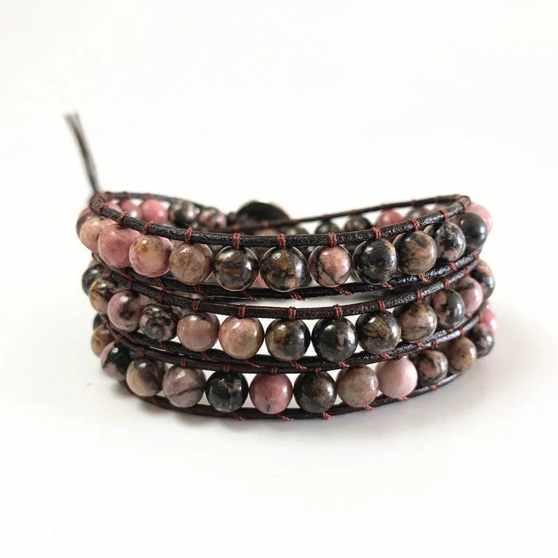 3-Layer Rhodochrosite Amazonite Wrap Bracelet Unisex for Girls Vintage Gift