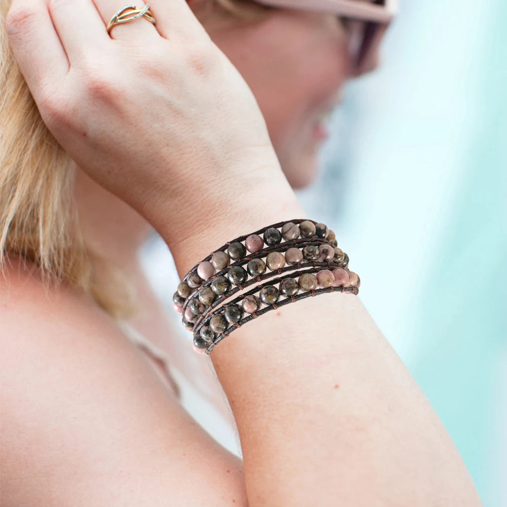 3-Layer Rhodochrosite Amazonite Wrap Bracelet Unisex for Girls Vintage Gift