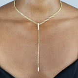 Cuban Link Chain Geometric Micro Pave CZ Bar Y Lariat Long Necklace