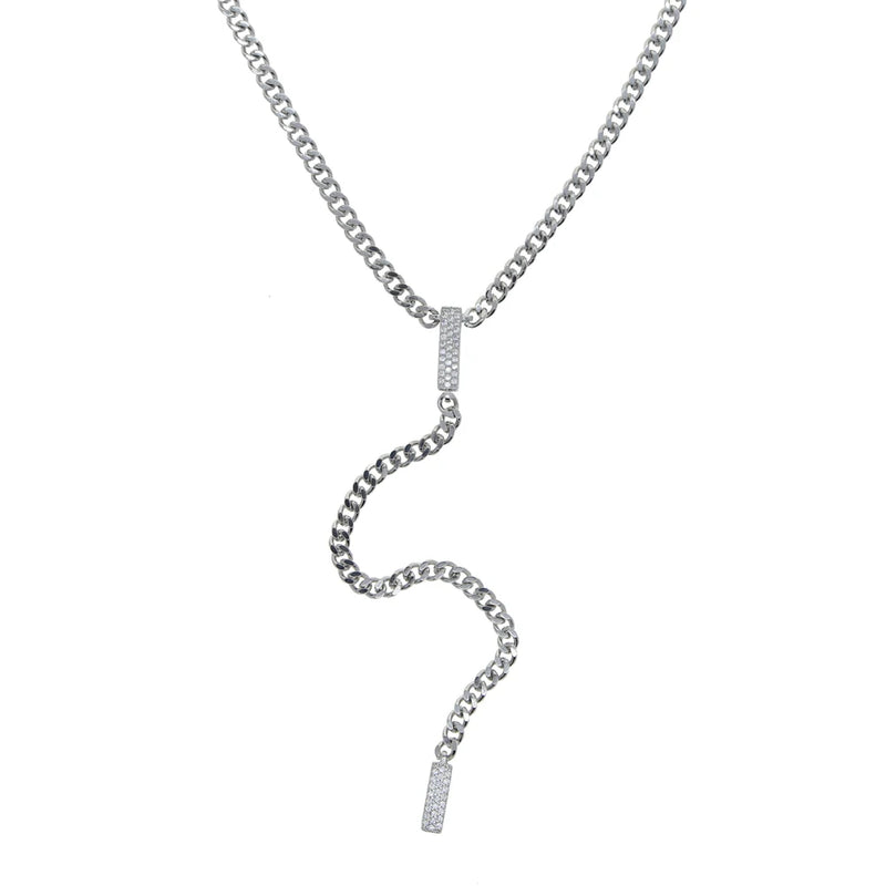 Cuban Link Chain Geometric Micro Pave CZ Bar Y Lariat Long Necklace
