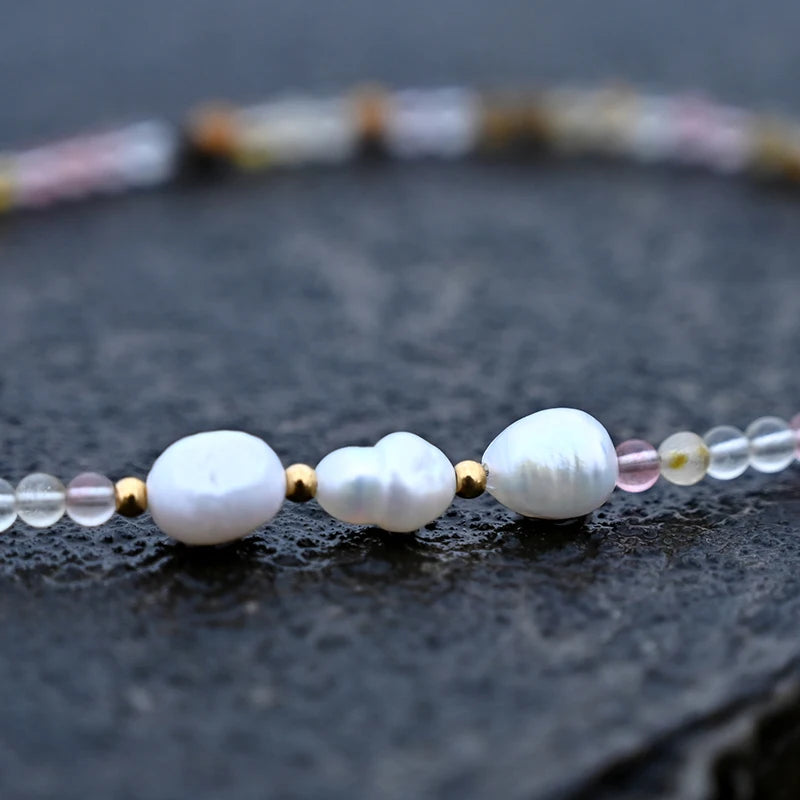 3MM Natural Stone Beads Freshwater Pearl Choker Necklace for Women