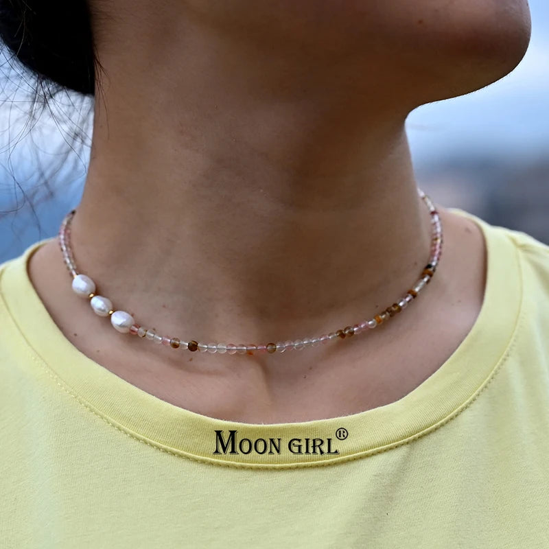 3MM Natural Stone Beads Freshwater Pearl Choker Necklace for Women