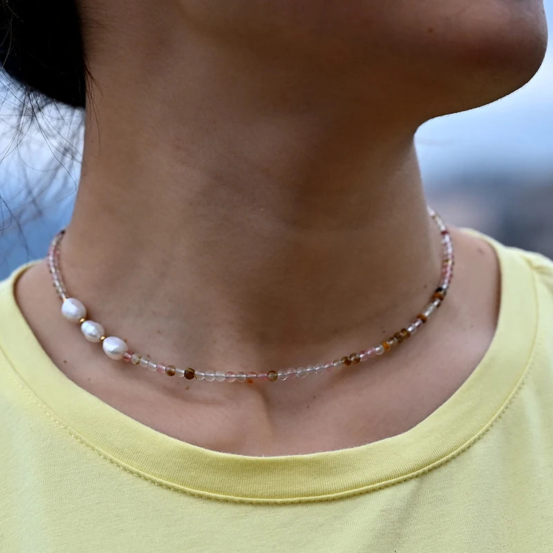 3MM Natural Stone Beads Freshwater Pearl Choker Necklace for Women