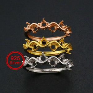925 Silver Rose Plated 3MM Round Prong Ring Setting Curved 6 Stones