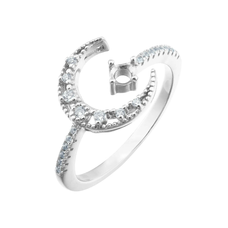Moon Star Round Prong Ring Setting Solid 925 Sterling Silver Adjustable