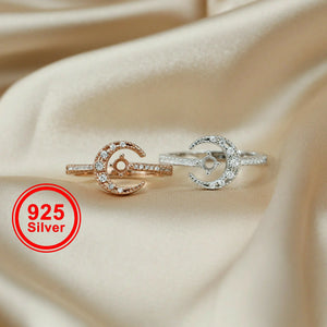 Moon Star Round Prong Ring Setting Solid 925 Sterling Silver Adjustable