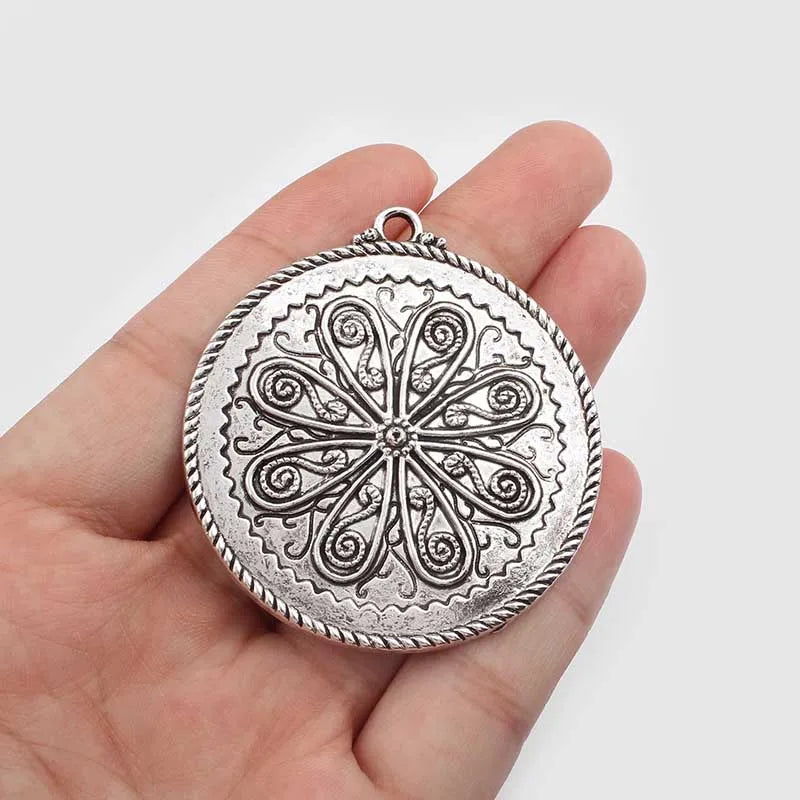 3PCS Antique Carved Flower Round Charms Pendant Jewelry Findings 52x47mm