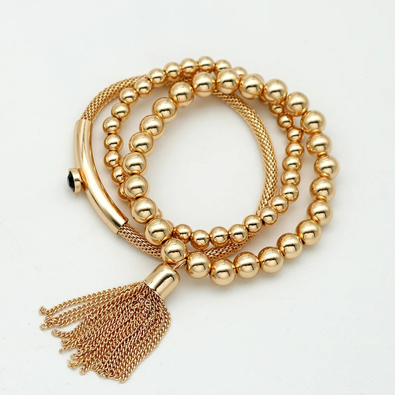Boho Round Bead Bracelet Tassel Pendant Bangle Set