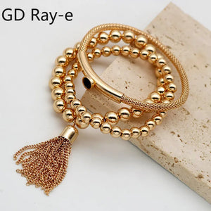 Boho Round Bead Bracelet Tassel Pendant Bangle Set