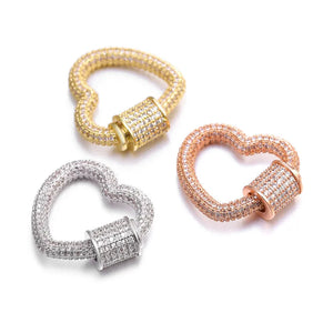 3PCS CZ Micro Pave Crystal Zirconia Clasp Lock Carabiner Pave Lock Heart Shaped