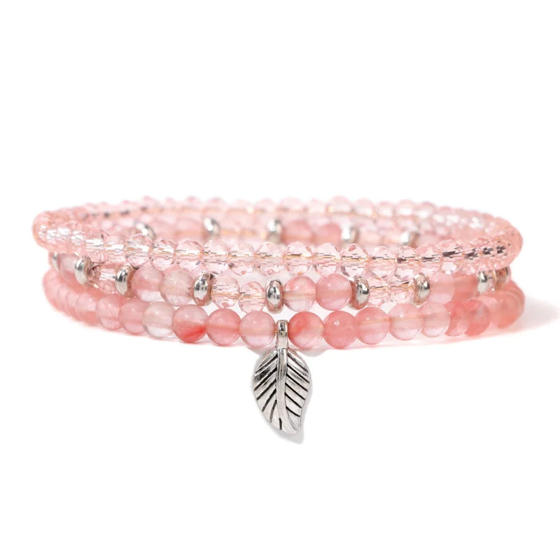 3PCS Crystal Charm Bracelet Set Leaf Pendant Spacer Bead Bracelet