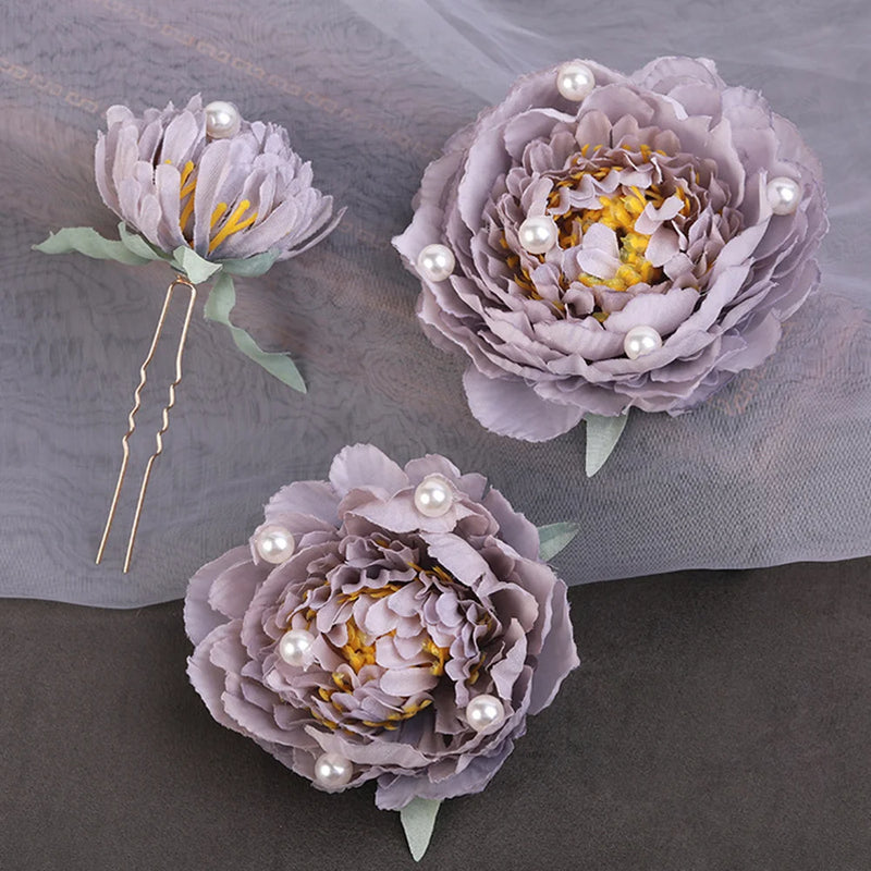 3PCS Flower Hair Clips Chinese Hanfu Headpiece Pearl U-shaped Hairpins