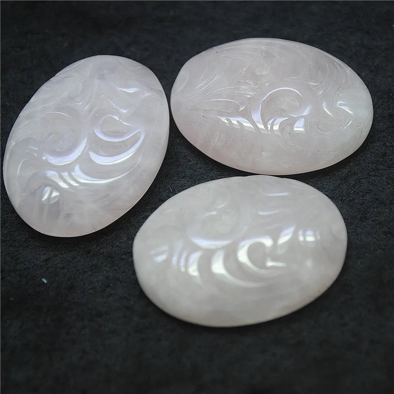3PCS Rose Quartz Green Aventurine Cabs 22X30MM Oval Shape Carving Flower