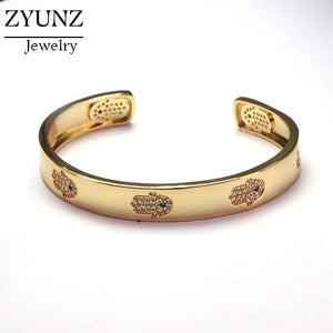 Lucky Eye Open Cuff Bracelet Bangle Micro Pave Fatima Hamsa Hand Bangle