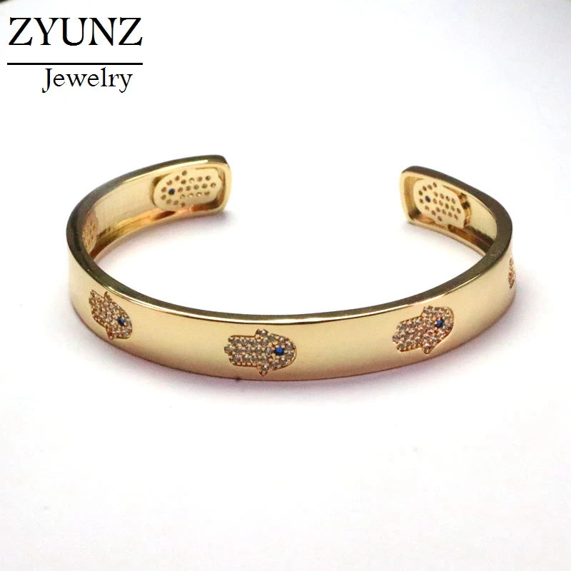 Lucky Eye Open Cuff Bracelet Bangle Micro Pave Fatima Hamsa Hand Bangle