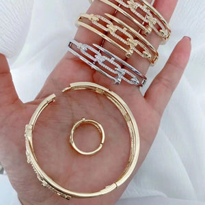 3PCS CZ Crystal Gold Women Bracelet Cuff Bangle Wedding Wristband