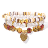 3PCS Crystal Heart Charm Bracelet Set Bohemian Polymer Clay Beads Jewelry