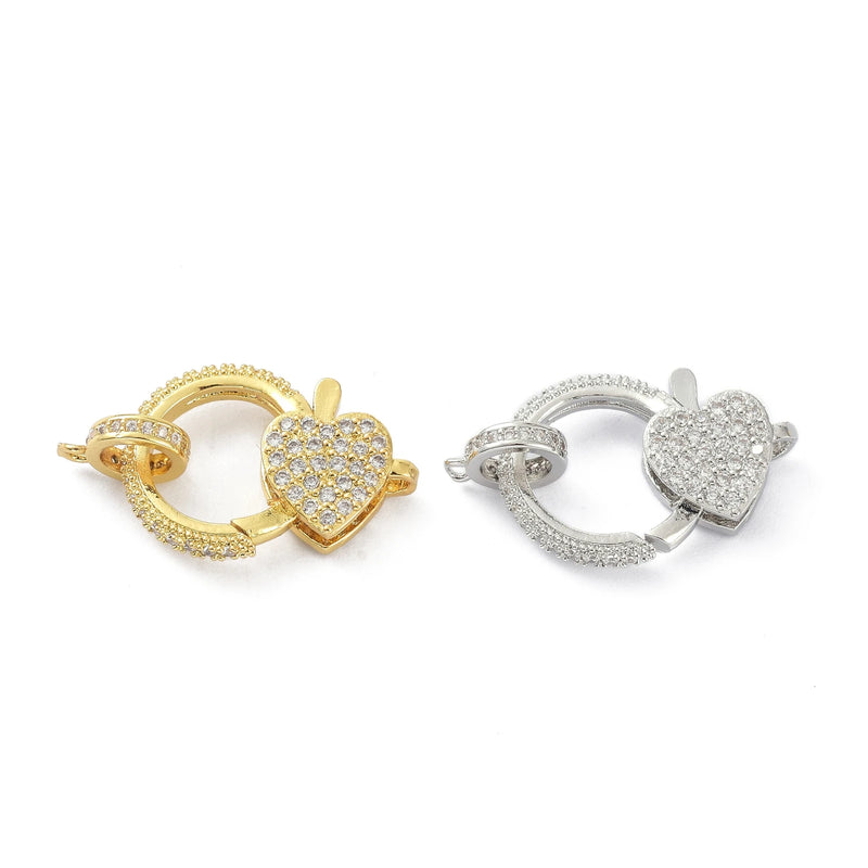 3Pcs CZ Lobster Claw Clasps w/ Heart Charms for Bracelets