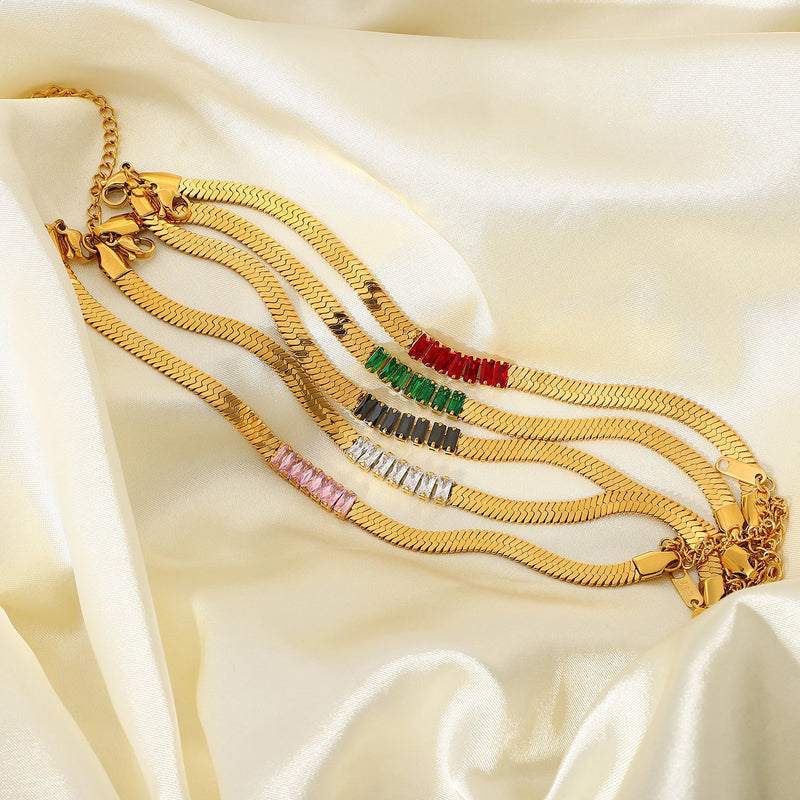 3Pcs Zircon Snake Chain Bracelets Candy Rectangle 18K Plated Stainless Steel
