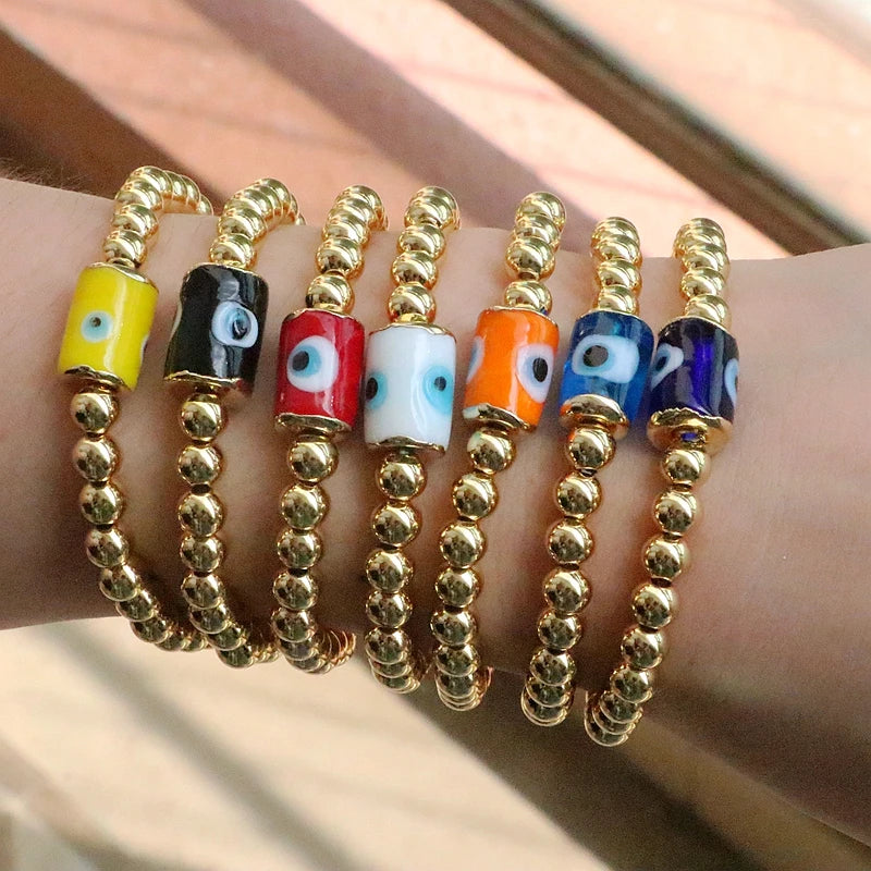 Colorful Lampwork Eye Cylindrical Beaded Bracelet Women Stretch Bangle