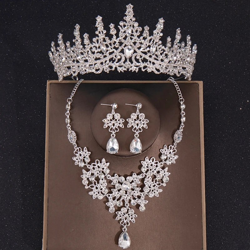 Crystal Crown Necklace Earring Set Rhinestone Bridal Jewelry