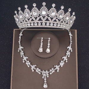 Crystal Crown Necklace Earrings Set Rhinestone Bridal Jewelry Tiara