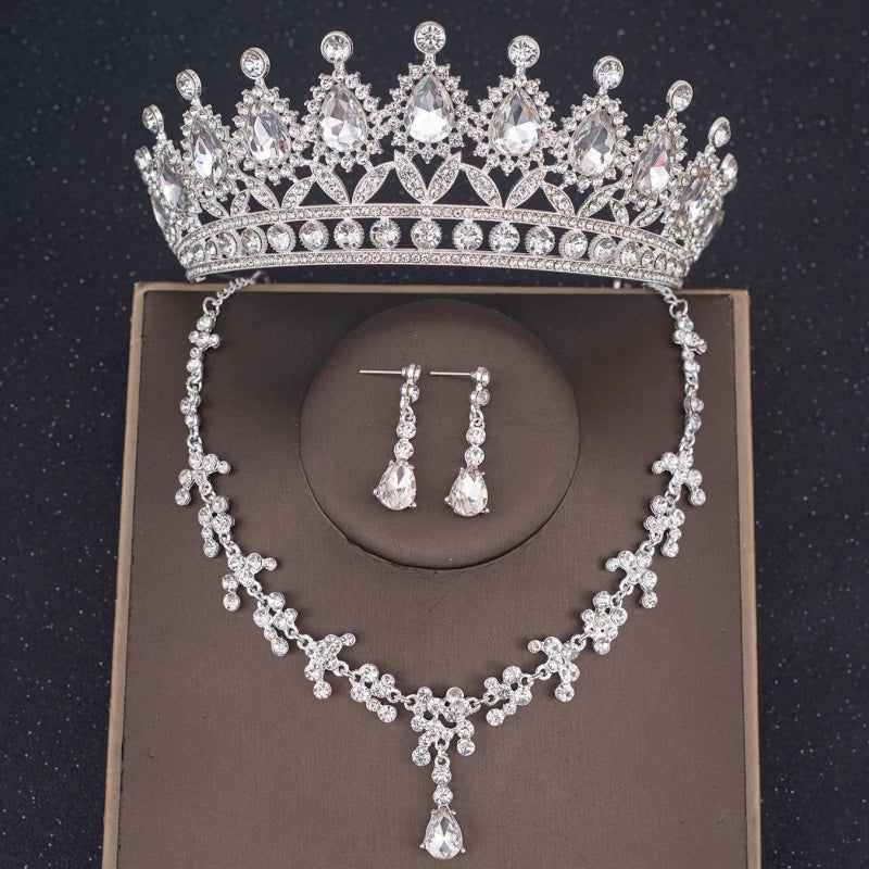 Crystal Crown Necklace Earrings Set Rhinestone Bridal Jewelry Tiara