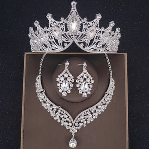 Crystal Crown Necklace Earring Set Rhinestone Bridal Jewelry