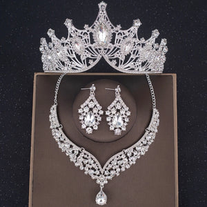 Crystal Crown Necklace Earring Set Rhinestone Bridal Jewelry