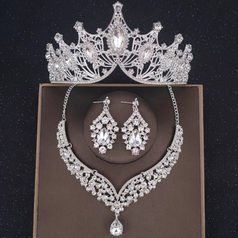 Crystal Crown Necklace Earring Set Rhinestone Bridal Jewelry