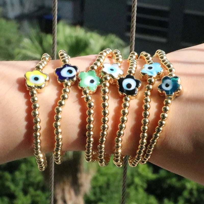3Pcs Colored Lucky Lampwork Evil Eye Flower Bracelet Beaded Bracelets