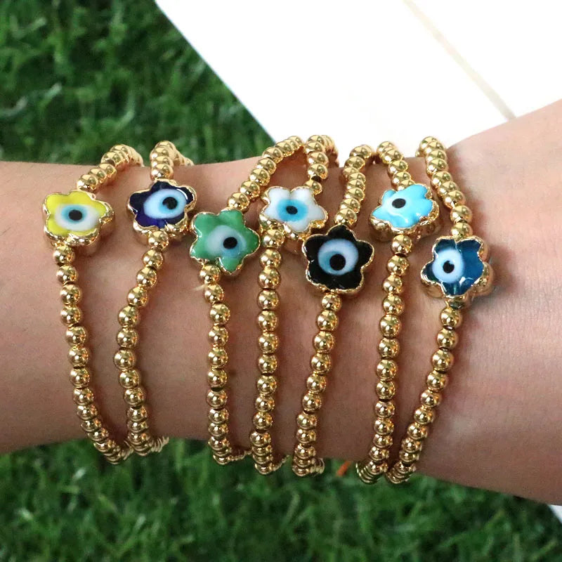3Pcs Colored Lucky Lampwork Evil Eye Flower Bracelet Beaded Bracelets