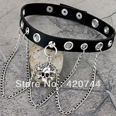 3Pcs Metal Skull Pendant Chain Punk Goth Leather Necklace Choker