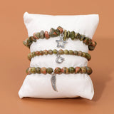 3Pcs Unakite Stone Bracelets Irregular Chip Beads Star Moon Feather Pendant