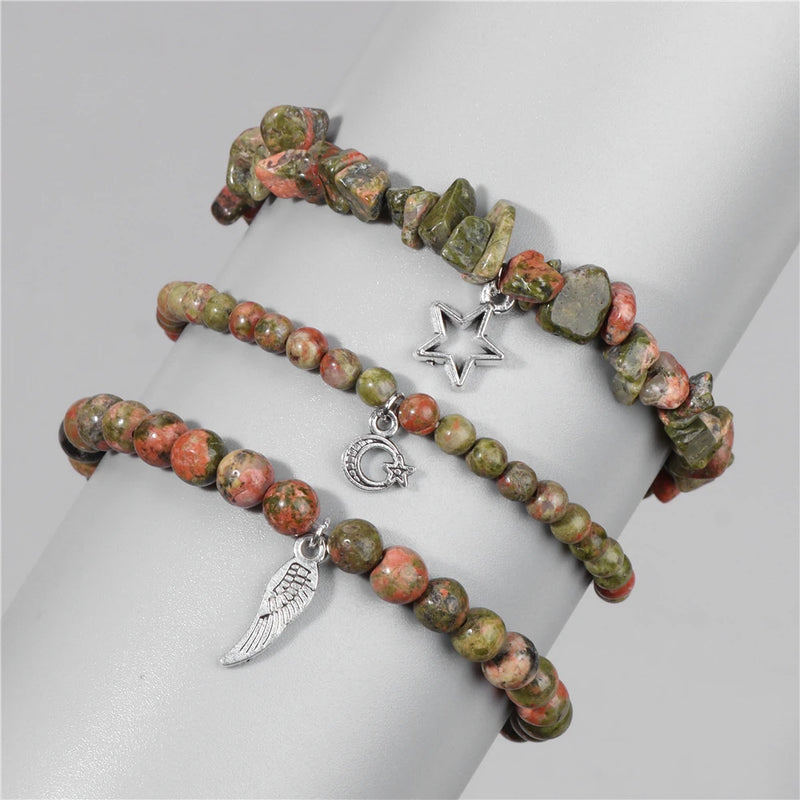 3Pcs Unakite Stone Bracelets Irregular Chip Beads Star Moon Feather Pendant
