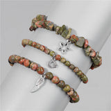 3Pcs Unakite Stone Bracelets Irregular Chip Beads Star Moon Feather Pendant