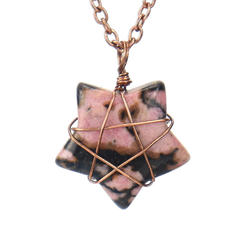 3Pcs Retro Copper Crystal Agates Star Pendant Necklace