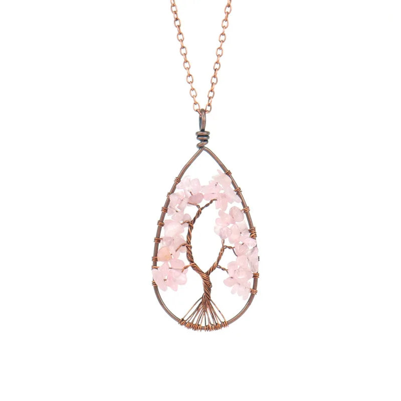 3Pcs Ant Copper Winding Stone Crystal Tree of Life Necklace 7Chakra Pendant