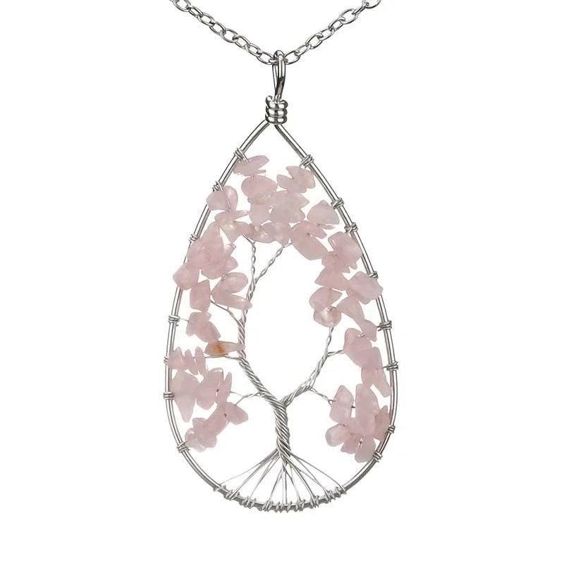 3Pcs Hot Silver Natural Stone Crystal Tree of Life Water Drop Necklace Pendant
