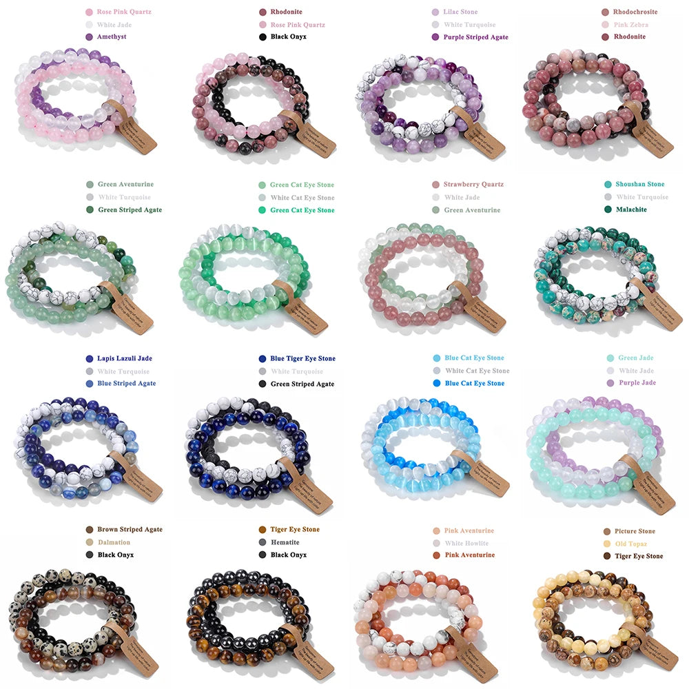 3Pcs Natural Stone Bracelet Set with Wish Tag, Reiki Crystal Quartz Jewelry