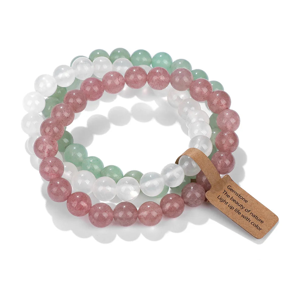 3Pcs Natural Stone Bracelet Set with Wish Tag, Reiki Crystal Quartz Jewelry
