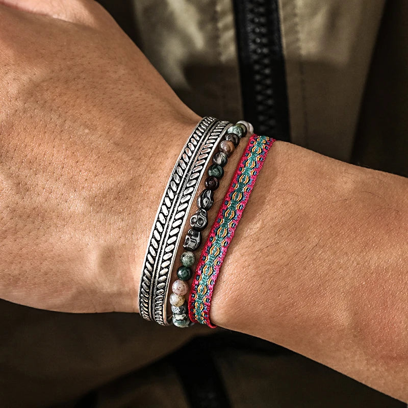 3Pcs/Set Silver Plated Bracelets Natural Stone Skull Beads