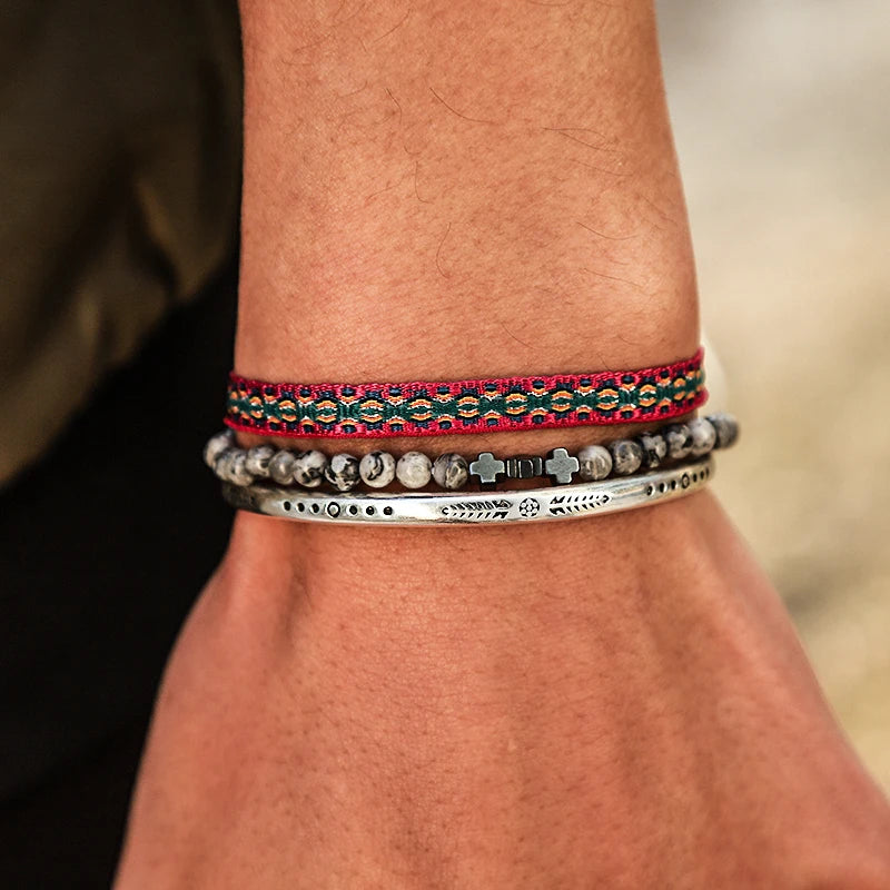 Adjustable 925 Silver Plated Map Stone Bracelet Set
