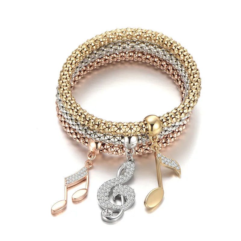 3Pcs Set Silvery Rose Music Note Charm Bracelet for Women