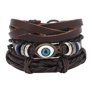 3Pcs/Set Braided Wrap Leather Bracelets for Men Vintage Eye Charm Leather Bangle