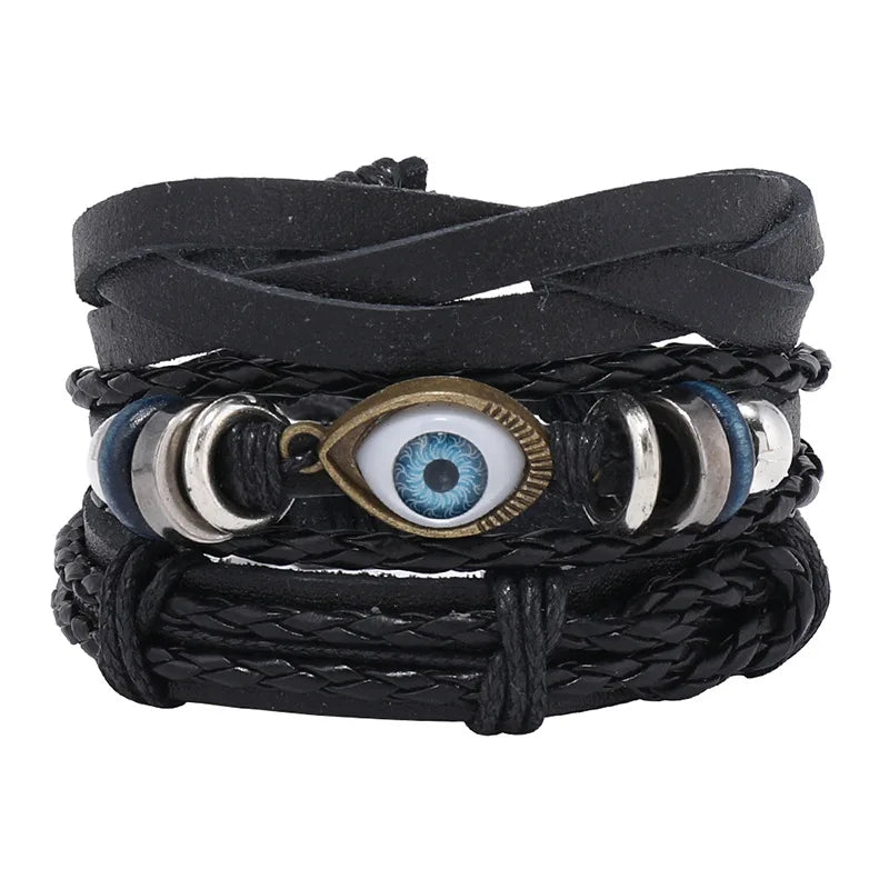 3Pcs/Set Braided Wrap Leather Bracelets for Men Vintage Eye Charm Leather Bangle