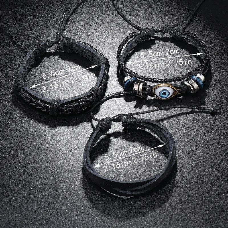 3Pcs/Set Braided Wrap Leather Bracelets for Men Vintage Eye Charm Leather Bangle